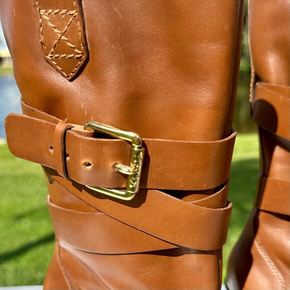 KORS Michael Kors Lisa Mid-Calf Heel Wrap Buckle Biker Boots Saddle Size 7M - Picture 8 of 11